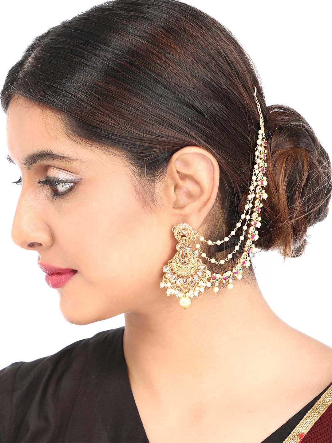 Buy Gold And White Gold-Plated Kundan And Pearls Jhumka Earring With Hair  Chain Online - KARMAPLACE — Karmaplace